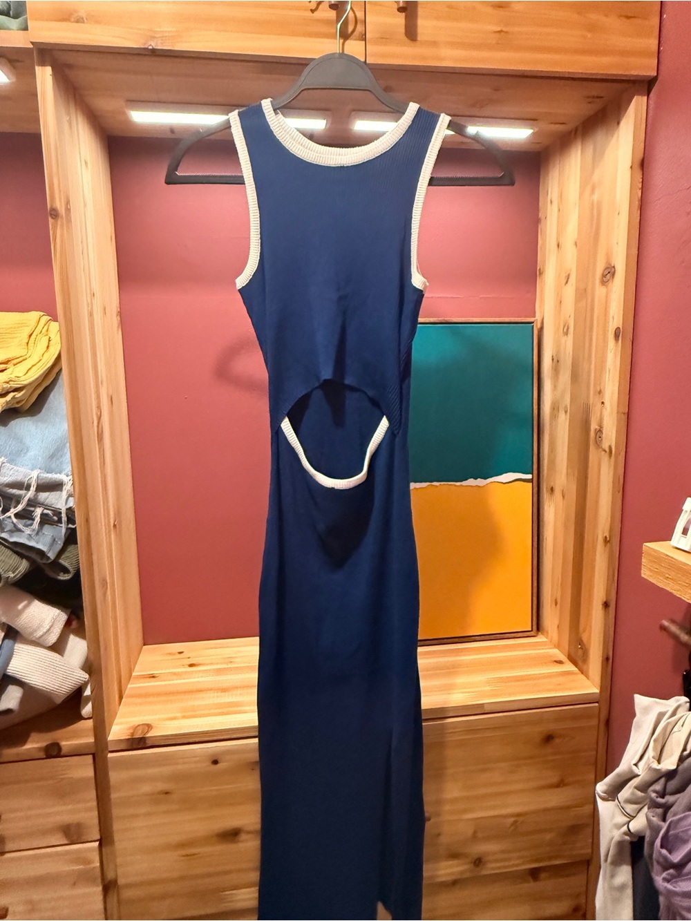Navy Cutout Tank Maxi Dress with White Trim